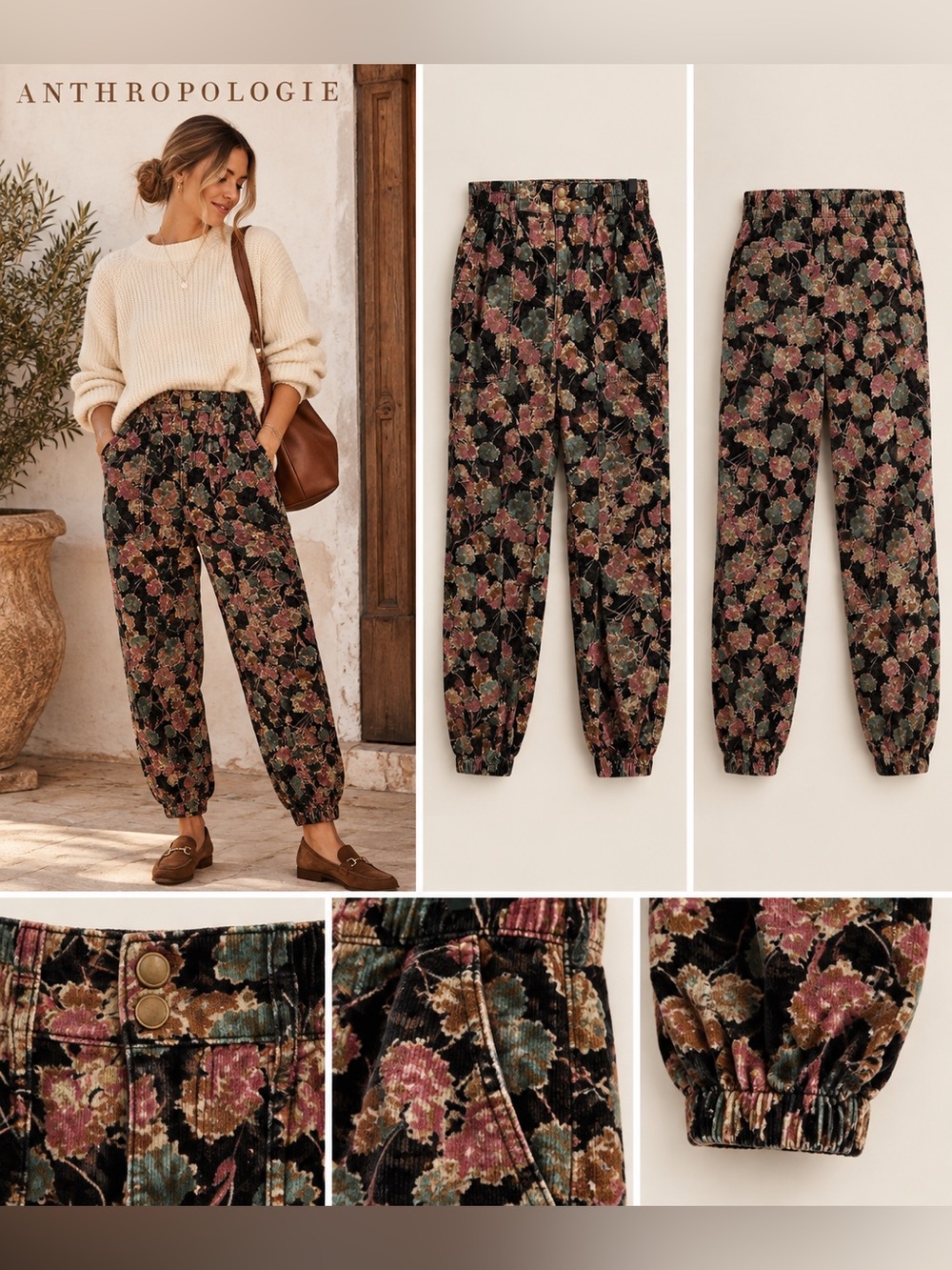 Anthropologie Floral Corduroy Jogger Pants Black Multi Size Small